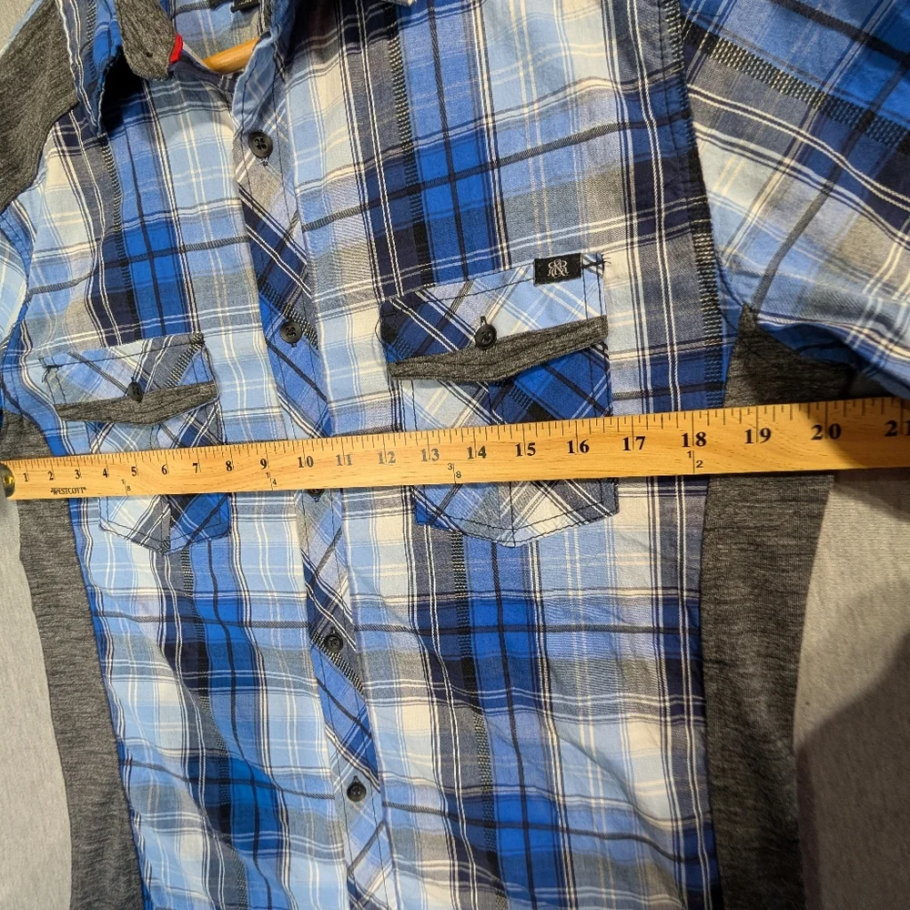 Rock & Republic Plaid Shirt Men's Medium Blue Shirt Sleeve - Picture 3 of 9
